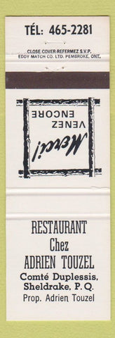 Matchbook Cover - Restaurant Chez Adrien Touzel Sheldrake QC