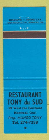 Matchbook Cover - Restaurant Tony du Sud Montreal QC