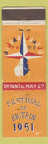 Matchbook Cover - Festival of Britain 1951 Bryant May UK WEAR