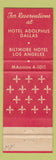 Matchbook Cover - Biltmore Hotel Los Angeles Adolphus Dallas TX WEAR