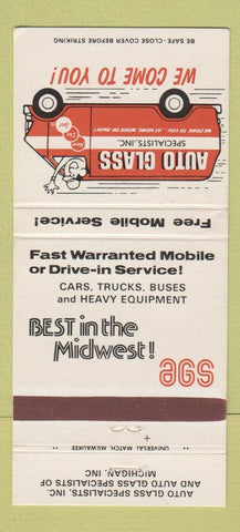 Matchbook Cover - Auto Glass Specialists MI WI IA 30 Strike