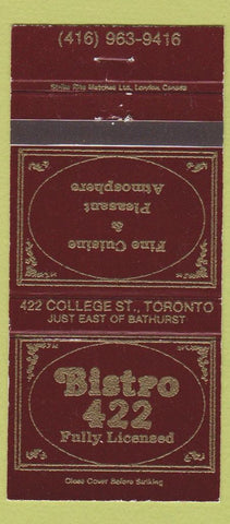 Matchbook Cover - Bistro 442 Toronto ON 30 Strike