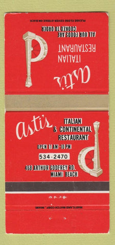Matchbook Cover - Asti's Italian Restaurant Miami Beach FL 30 Strike