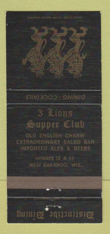 Matchbook Cover - 3 Lions Supper Club West Baraboo WI 30 Strike