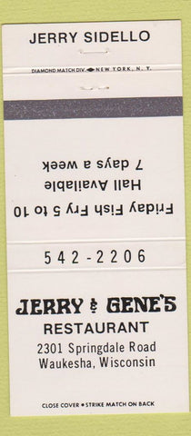 Matchbook Cover - Jerry and Gene's Restaurant Waukesha WI 30 Strike