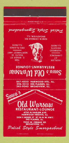 Matchbook Cover - Sawa's Old Warsaw Restaurant Broadview IL 30 Strike