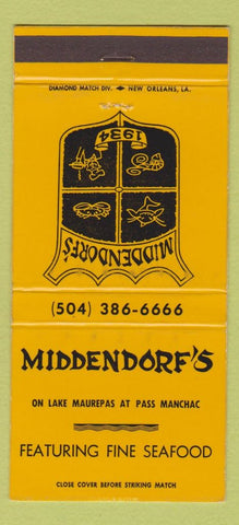 Matchbook Cover - Middendorf's Seafood Lake Maurepas Manchac LA 30 Strike
