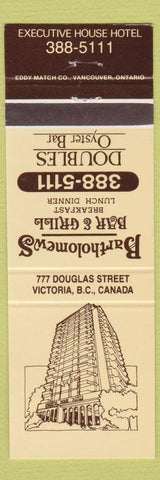 Matchbook Cover - Bartholomews Restaurant Oyster Bar Victoria BC