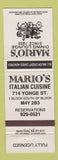 Matchbook Cover - Mario's Italian Restaurant Toronto ON