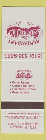 Matchbook Cover - Restaurant La Maison Cadorette's ST Jean Des Piles QC