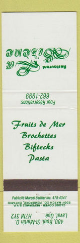 Matchbook Cover - Restaurant La Sirene Laval QC
