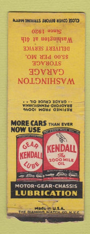 Matchbook Cover - Kendall oil gas Washington Garage WEAR BOBTAIL