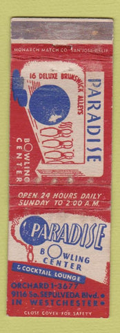 Matchbook Cover - Paradise Bowling Center Westchester WORN