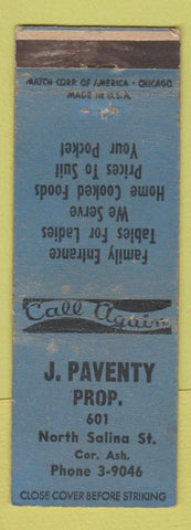 Matchbook Cover - J Paventy Restaurant WEAR