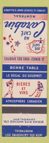 Matchbook Cover - Au Cafe Carabin Montreal QC baseball hockey