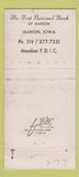 Matchbook Cover - 1st National Bank Marion IA 1973 WORN 30 Strike