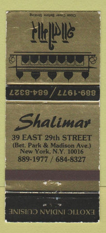 Matchbook Cover - Shalimar Restaurant Indian New York City 30 Strike