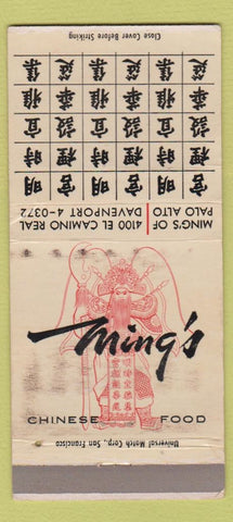 Matchbook Cover - Ming's Chinese Food Palo Altoa CA WORN 30 Strike