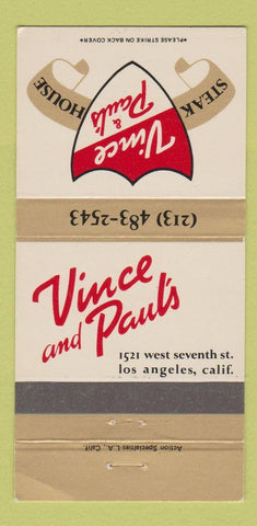 Matchbook Cover - Vince and Paul's Steak House Los Angeles CA WEAR 30 Strike