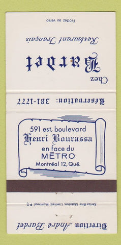 Matchbook Cover - Chez Bardet French Restaurant Montreal QC WEAR 30 Strike