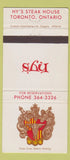 Matchbook Cover - Hy's Restaurant Steak Toronto ON 30 Strike
