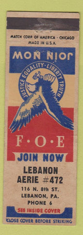 Matchbook Cover - Eagles Club Lebanon PA low phone