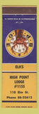 Matchbook Cover - Elks Lodge High Point NC
