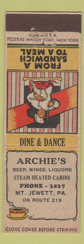 Matchbook Cover - Archie's Restaurant Mount Jewett PA Federal