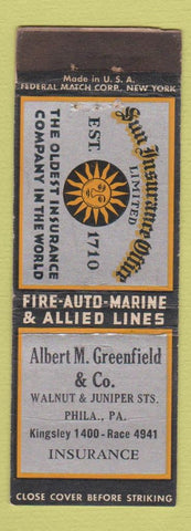 Matchbook Cover - Sun Insurance Albert Greenfield Philadelphia CREASE