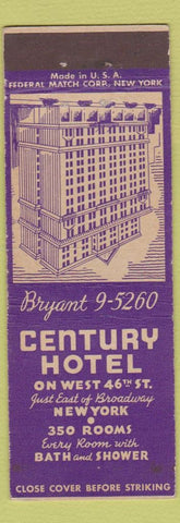 Matchbook Cover - Century Hotel New York City WORN MULTIPLE CREASES