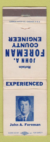 Matchbook Cover - John A Foreman County Engineer Election WORN