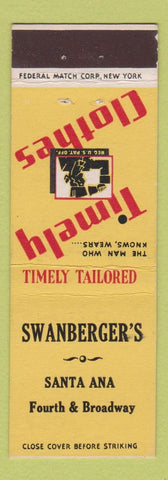 Matchbook Cover - Timely Clothes Swanberger's Santa Ana CA Federal