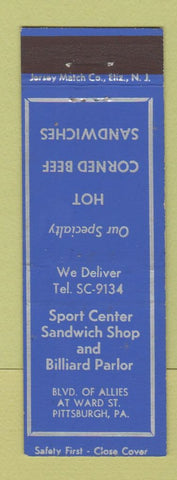 Matchbook Cover - Sport Center Sandwich Shop Billiards Pittsburgh PA