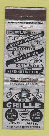 Matchbook Cover - Rex Grille Lowell MA bowling Federal WORN