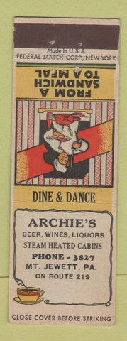 Matchbook Cover - Archie's Mt Jewett PA Federal