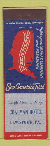 Matchbook Cover - Coleman Hotel Lewistown PA Federal