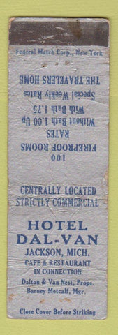 Matchbook Cover - Hotel Dal Val Jackson MI FEDERAL LONG POOR
