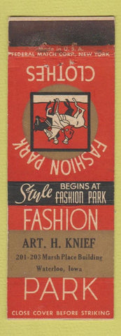 Matchbook Cover - Fashion Park Clothes Art Knief Waterloo IA Federal