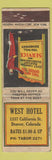 Matchbook Cover - West Hotel Denver Colorado WORN