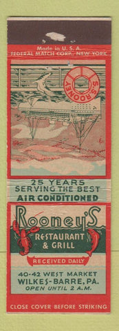 Matchbook Cover - Rooney's Restaurant Grill Wilkes Barre PA Federal WEAR