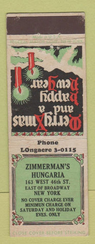 Matchbook Cover - Zimmerman's Hungarian New York City Federal Christmas
