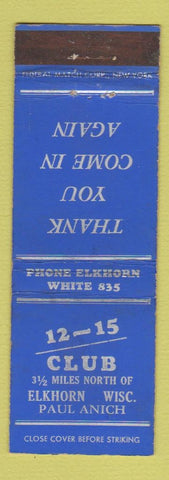 Matchbook Cover - 12 15 Club Elkhorn WI Federal