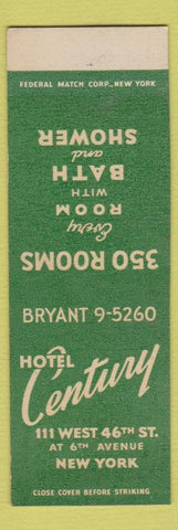 Matchbook Cover - Hotel Century New York City Federal SAMPLE