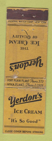 Matchbook Cover - Yerdon's Ice Cream Utica NY FEDERAL LONG POOR