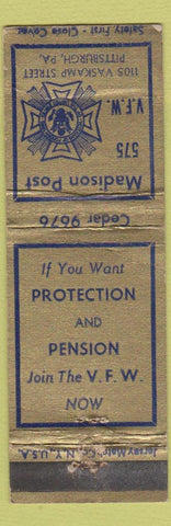 Matchbook Cover - VFW Pittsburgh PA Madison Post Jersey Match WEAR