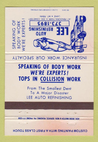 Matchbook Cover - Lee Auto Refinishing Body girlie Mount Penn WORN 40 Strike