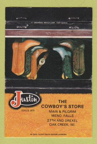 Matchbook Cover - Justin Cowboy Boots Oak Creek WI WORN 40 Strike
