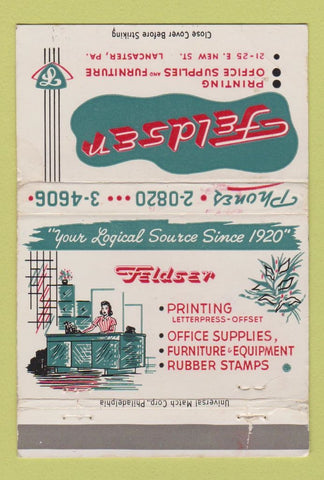 Matchbook Cover - Feldser Printing Office Supply Lancaster PA WEAR 40 Strike