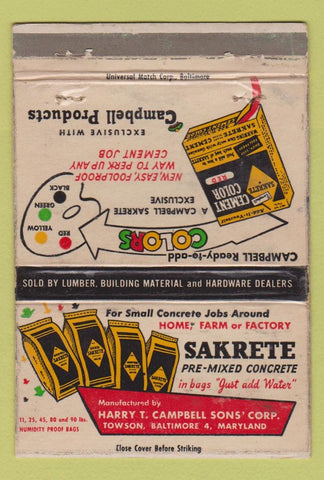 Matchbook Cover - Sakrete Pre Mixed Concrete Towson Baltimore MD WEAR 40 Strike
