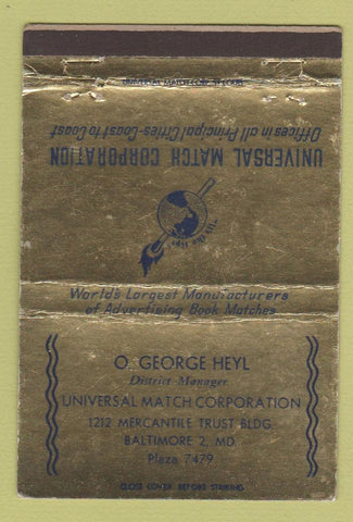 Matchbook Cover - Universal Match George Heyl Baltimore MD 40 Strike